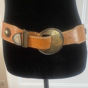 Tan/Brown thick Leather Belt with brass gold Buckle